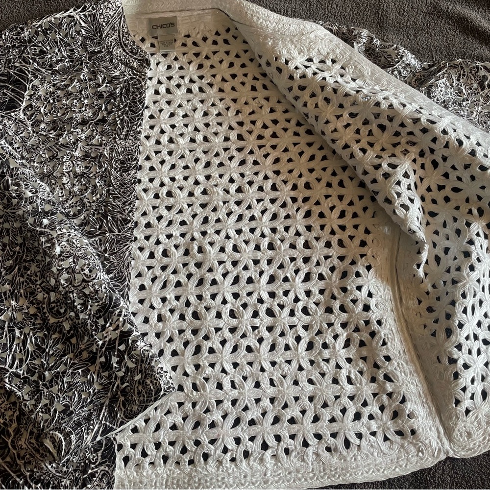 Chico's Black and White Open-Knit Blazer
